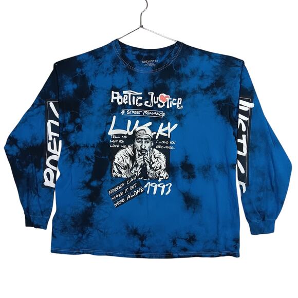 Chemistry Poetic Justice 1993 Tupac Graphic Tee Size 3X Blue Tie Dye Long Sleeve - Picture 1 of 10